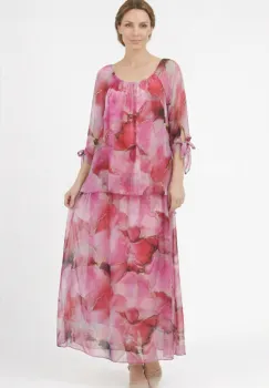 Rochie lunga din matase vaporoasa, croi lejer in doua straturi, imprimeu artistic fucsia imagine