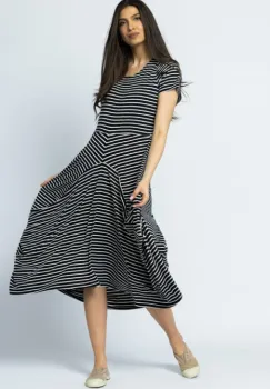 Rochie lunga in colturi, din tricot de bumbac, dungi bleumarin-alb imagine