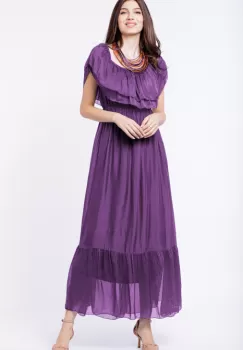 Rochie lunga, mov, din matase naturala, cu volan pe umeri imagine