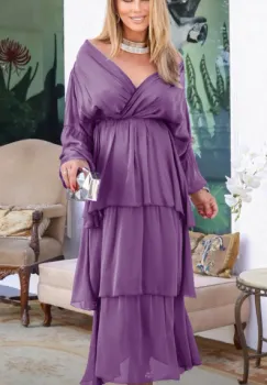 Rochie lunga suprapusa din matase, cu trei volane mari si maneca lunga, mov imagine