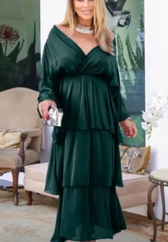 Rochie lunga suprapusa din matase, cu trei volane mari si maneca lunga, verde inchis imagine