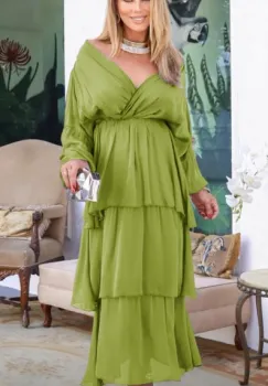 Rochie lunga suprapusa din matase, cu trei volane mari si maneca lunga, verde oliv imagine