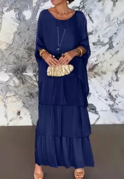 Rochie lunga suprapusa din matase naturala, cu trei volane mari si maneca cazuta, bleumarin imagine