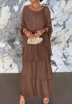 Rochie lunga suprapusa din matase naturala, cu trei volane mari si maneca cazuta, maro ciocolata imagine