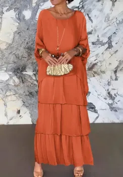 Rochie lunga suprapusa din matase si vascoza, cu trei volane mari si maneca cazuta, caramizie imagine