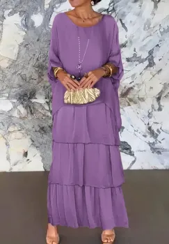 Rochie lunga suprapusa din matase si vascoza, cu trei volane mari si maneca cazuta, mov deschis imagine