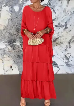 Rochie lunga suprapusa din matase si vascoza, cu trei volane mari si maneca cazuta, rosie imagine