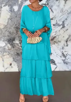 Rochie lunga suprapusa din matase si vascoza, cu trei volane mari si maneca cazuta, turcoaz imagine