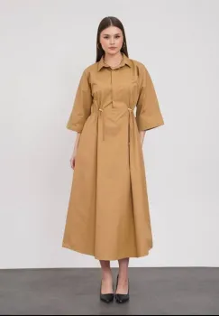 Rochie lunga tip camasa din poplin satinat de bumbac, camel imagine