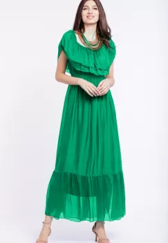 Rochie lunga, verde, din matase naturala, cu volan pe umeri imagine