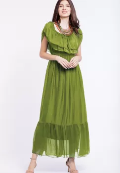 Rochie lunga, verde olive, din matase naturala, cu volan pe umeri imagine