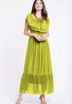 Rochie lunga, verde praz, din matase naturala, cu volan pe umeri imagine