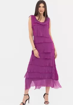 Rochie magenta din matase naturala cu volane franjurate suprapuse, fara maneci imagine