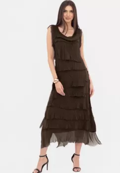 Rochie maro inchis din matase naturala cu volane franjurate suprapuse, fara maneci imagine