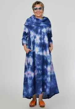 Rochie maxi,  A-line, din in, cu guler amplu, cu imprimeu boem tie-dye bleumarin imagine