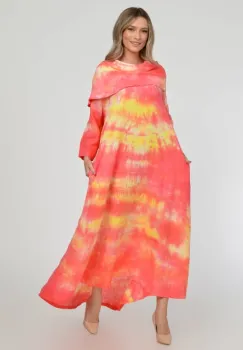 Rochie maxi,  A-line, din in, cu guler amplu, cu imprimeu boem tie-dye corai imagine