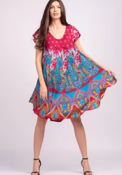 Rochie midi A-line cu imprimeu paisley, pe fond fucsia imagine