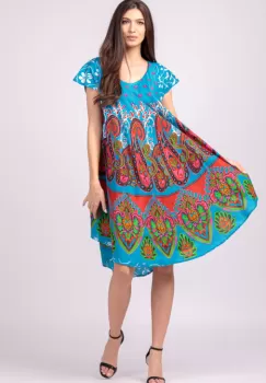 Rochie midi A-line cu imprimeu paisley, pe fond turcoaz imagine