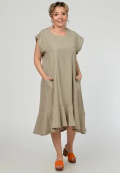 Rochie midi A-line din in mercerizat cu buzunare si volan, bej imagine