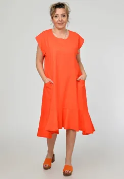 Rochie midi A-line din in mercerizat cu buzunare si volan, corai imagine