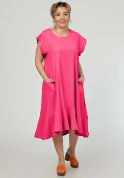Rochie midi A-line din in mercerizat cu buzunare si volan, fucsia imagine