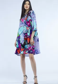 Rochie midi A-line din vascoza cu imprimeu inimi pe fond lila imagine