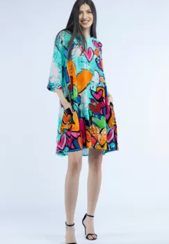 Rochie midi A-line din vascoza cu imprimeu inimi pe fond turcoaz imagine