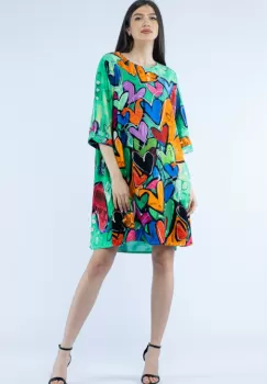 Rochie midi A-line din vascoza cu imprimeu inimi pe fond verde imagine