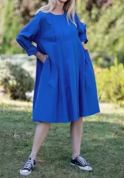 Rochie midi albastra cu pliuri in fata si spate, din poplin de bumbac imagine