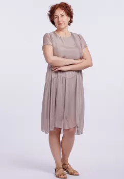 Rochie midi cu volan, din matase naturala bej imagine