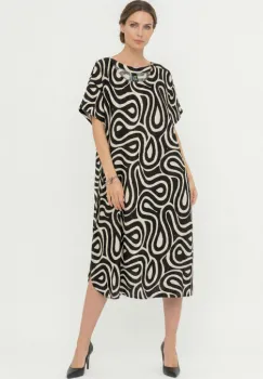 Rochie midi dama moderna vaporoasa, croi lejer oversized cu imprimeu abstract alb-negru imagine