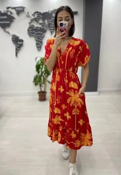 Rochie midi din bumbac, cu elastic in talie si imprimeu galben pe fond bordo imagine