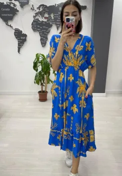 Rochie midi din bumbac, cu elastic in talie si imprimeu portocaliu pe fond albastru imagine