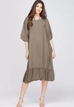 Rochie midi din in bej fango cu volane din matase si funda pe spate imagine