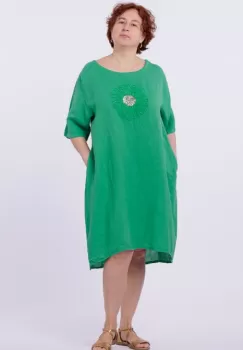 Rochie midi din in cu floare din paiete pe piept, verde imagine