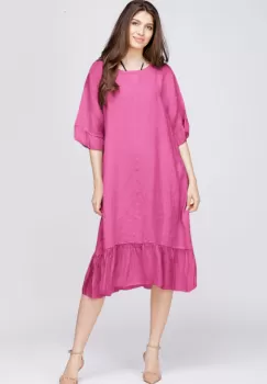 Rochie midi din in fucsia cu volane din matase si funda pe spate imagine