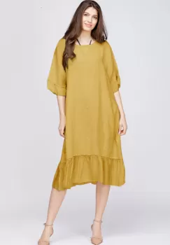 Rochie midi din in galbena cu volane din matase si funda pe spate imagine