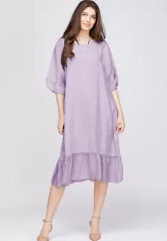 Rochie midi din in lila cu volane din matase si funda pe spate imagine