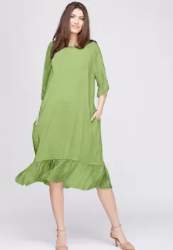 Rochie midi din in verde olive cu volane din matase si funda pe spate imagine