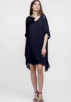 Rochie midi, dreapta, din matase naturala, cu funda pe spate, bleumarin imagine