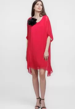 Rochie midi, dreapta, din matase naturala, cu funda pe spate, fucsia intens imagine