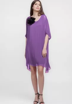 Rochie midi, dreapta, din matase naturala, cu funda pe spate, mov imagine