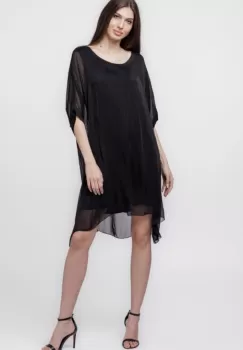 Rochie midi, dreapta, din matase naturala, cu funda pe spate, neagra imagine