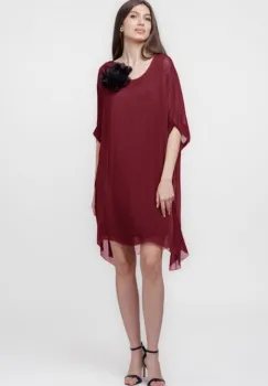 Rochie midi, dreapta, din matase si vascoza, cu funda pe spate, bordo imagine
