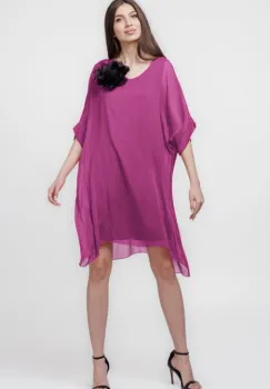 Rochie midi, dreapta, din matase si vascoza, cu funda pe spate, mov zmeura imagine