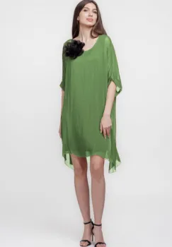 Rochie midi, dreapta, din matase si vascoza, cu funda pe spate, verde oliv imagine