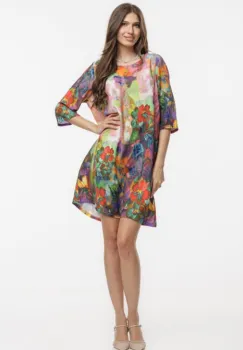 Rochie midi, dreapta, din vascoza fina, cu imprimeu pictural predominant mov imagine