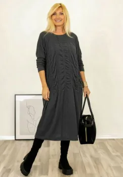 Rochie midi gri cu fronseuri si croi lejer fluid din tricotaj  fin imagine