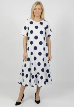 Rochie midi lejera cu volan si imprimeu buline alb-bleumarin imagine