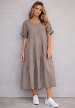 Rochie midi oversized din poplin de bumbac ,   stil lejer natural, bej inchis imagine